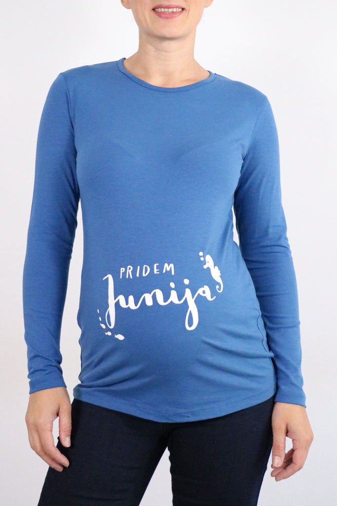 Nosečniška majica pridem junija - jeans modra - 40