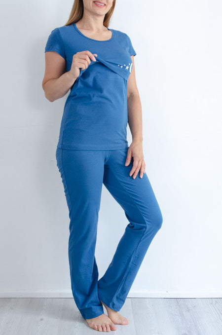 Spalna srajca za nosečnost in dojenje - kratek rokav - jeans modra