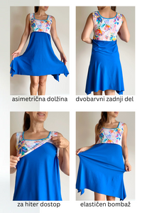 A woman modeling a bright blue dress with a multicolor floral print bodice, shown in a main full-body view and four smaller inset views demonstrating different angles and features: asymmetrical hem, back panel, front opening, and elasticized hem. Text labels are present in Croatian.