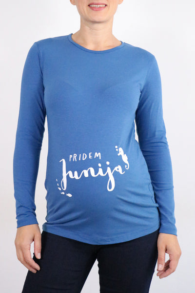 Nosečniška majica pridem junija - jeans modra - 40