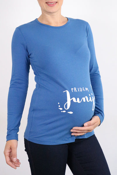Nosečniška majica pridem junija - jeans modra - 40
