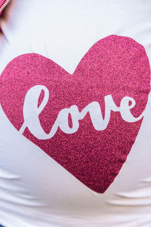 Nosečniška majica Love - ciklam srček - kratek rokav