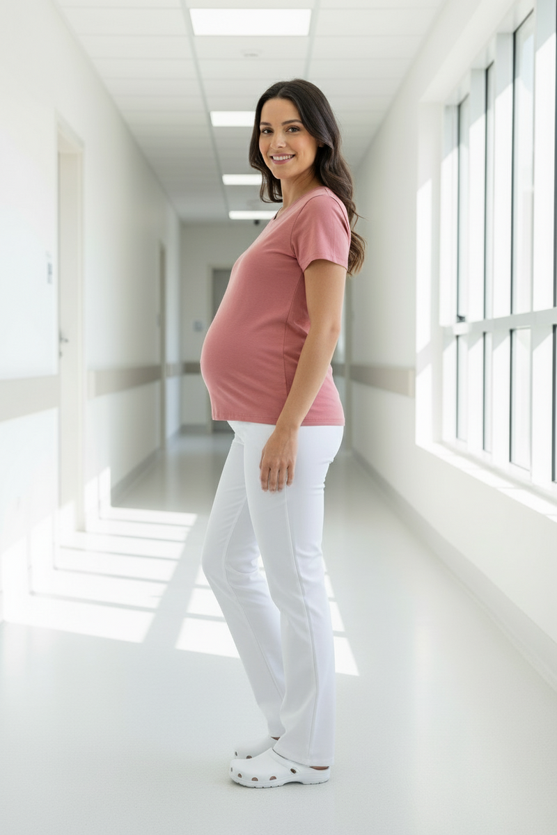 Pregnant woman standing in a bright, minimalistic hallway.