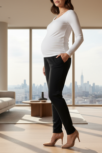 Woman in a white long-sleeve top and black pants standing in a modern living room with a cityscape view.