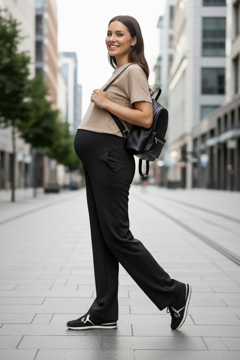 Woman walking on a city street wearing black pants, a beige top, and black sneakers with a black backpack.
