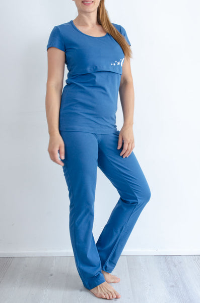 Pižama za nosečnost in dojenje - komplet - kratek zgornji in dolg spodnji del - jeans modra