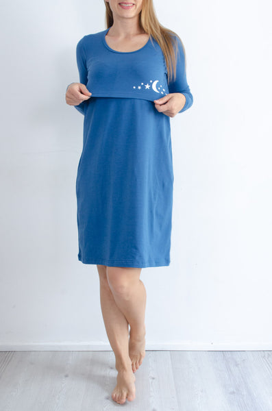 Spalna srajca za nosečnost in dojenje - dolg rokav - jeans modra