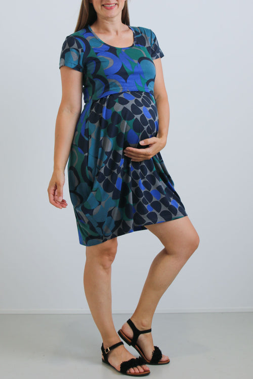 Obleka za dojenje - pisano modra - kratek rokav