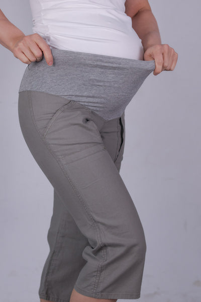 Nosečniške hlače lanene -  3/4 - olivno zelene