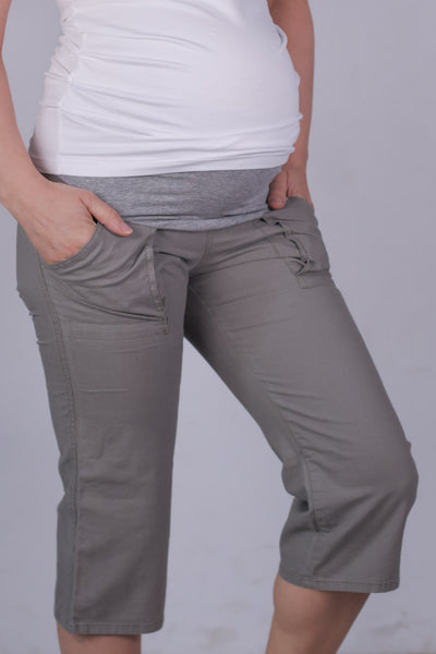 Nosečniške hlače lanene -  3/4 - olivno zelene