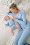 Pižama za nosečnost in dojenje - komplet - dolg zgornji in spodnji del - svetlo modra