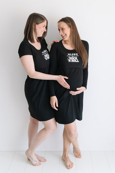 Spalna srajca za nosečnost in dojenje z napisom "Mleko Spanje in RockNroll" - dolg rokav - črna barva