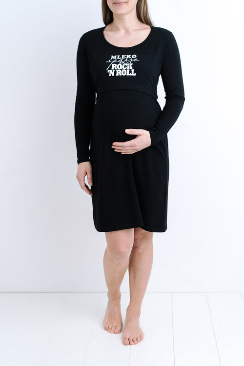 Spalna srajca za nosečnost in dojenje z napisom "Mleko Spanje in RockNroll" - dolg rokav - črna barva
