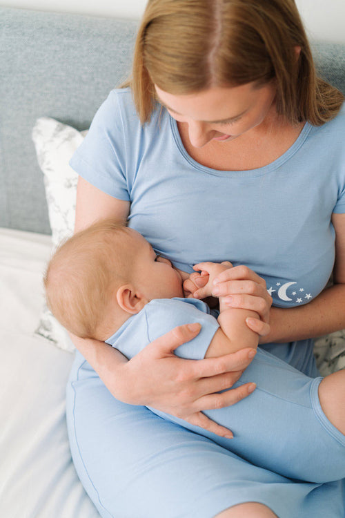 Spalna srajca za nosečnost in dojenje - kratek rokav - svetlo modra